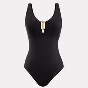 Traje de baño negro entero con control de abdomen, tirantes anchos y adorno dorado al frente – vista frontal.