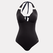 Traje de baño negro de una pieza con tirantes halter y detalle de argollas doradas en el escote, vista frontal.