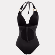 Traje de baño negro de una pieza con tirantes halter ajustables y argollas doradas, vista trasera.
