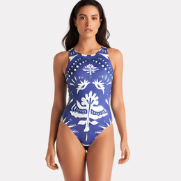 Mujer usando traje de baño azul con estampado blanco, vista frontal completa.