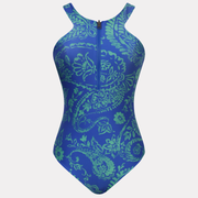 Vista frontal del traje de baño azul estampado con cierre frontal y diseño de control de abdomen.