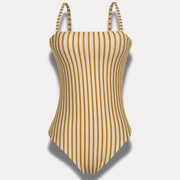 Traje de baño rayas marfil doblado para mostrar diseño y acabado.